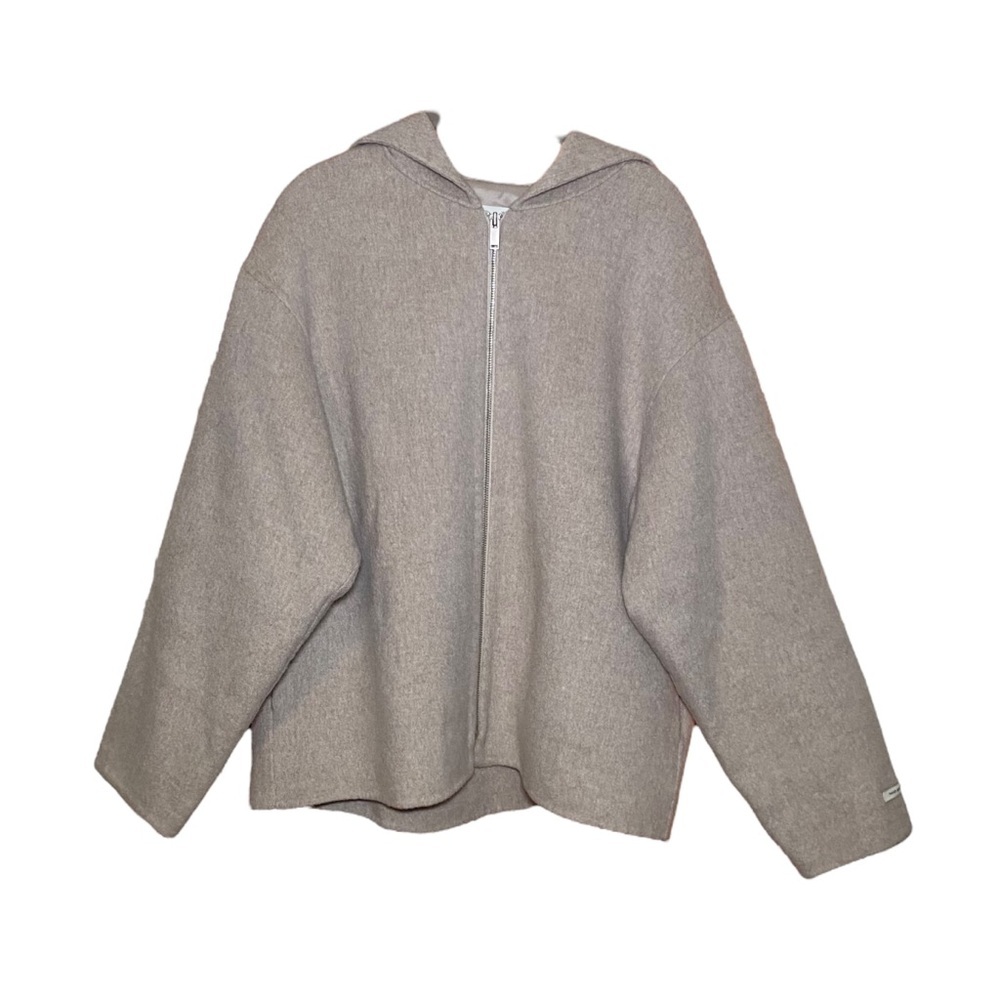 ‎Wool Normcore Neutral Coat Hooded Size Large Relaxed Fit Full Zip
